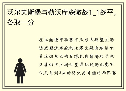 沃尔夫斯堡与勒沃库森激战1_1战平，各取一分