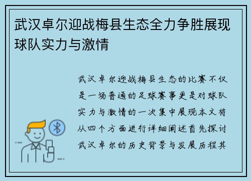 武汉卓尔迎战梅县生态全力争胜展现球队实力与激情