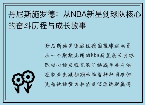 丹尼斯施罗德：从NBA新星到球队核心的奋斗历程与成长故事