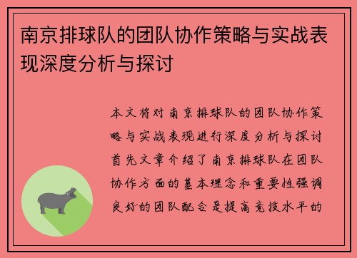 南京排球队的团队协作策略与实战表现深度分析与探讨