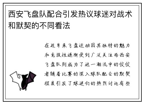 西安飞盘队配合引发热议球迷对战术和默契的不同看法