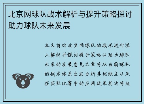 北京网球队战术解析与提升策略探讨助力球队未来发展