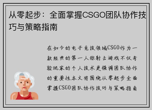 从零起步：全面掌握CSGO团队协作技巧与策略指南